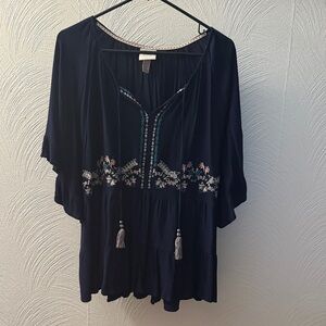Knox Rose Embroidered Navy Blue Bohemian Women's Top